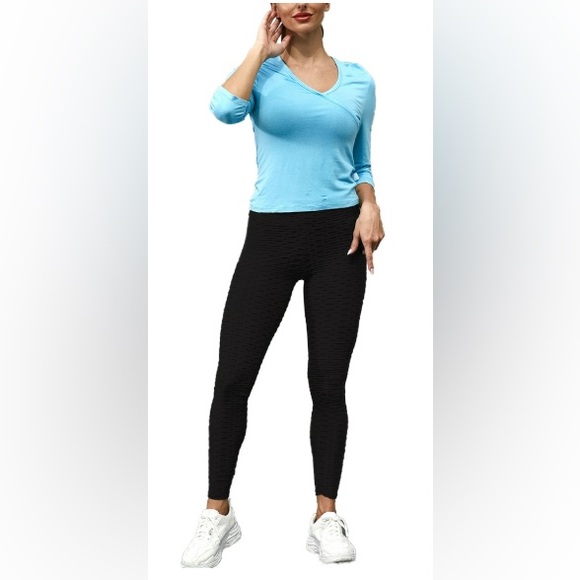 Doublju Women's Black Elastic High Waist Textured Leggings - Picture 1 of 9